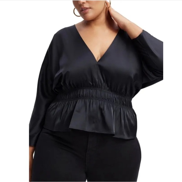 Good American Tops - Good American Deep V-Neck Dolman Sleeve Satin Top Black size 7- 4XL